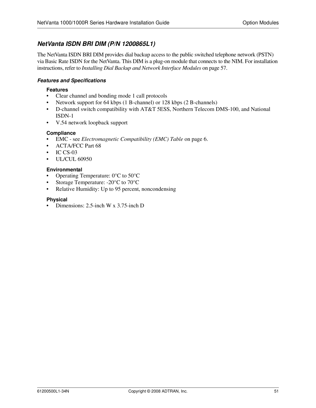 ADTRAN ADT-1234POE manual NetVanta Isdn BRI DIM P/N 1200865L1 