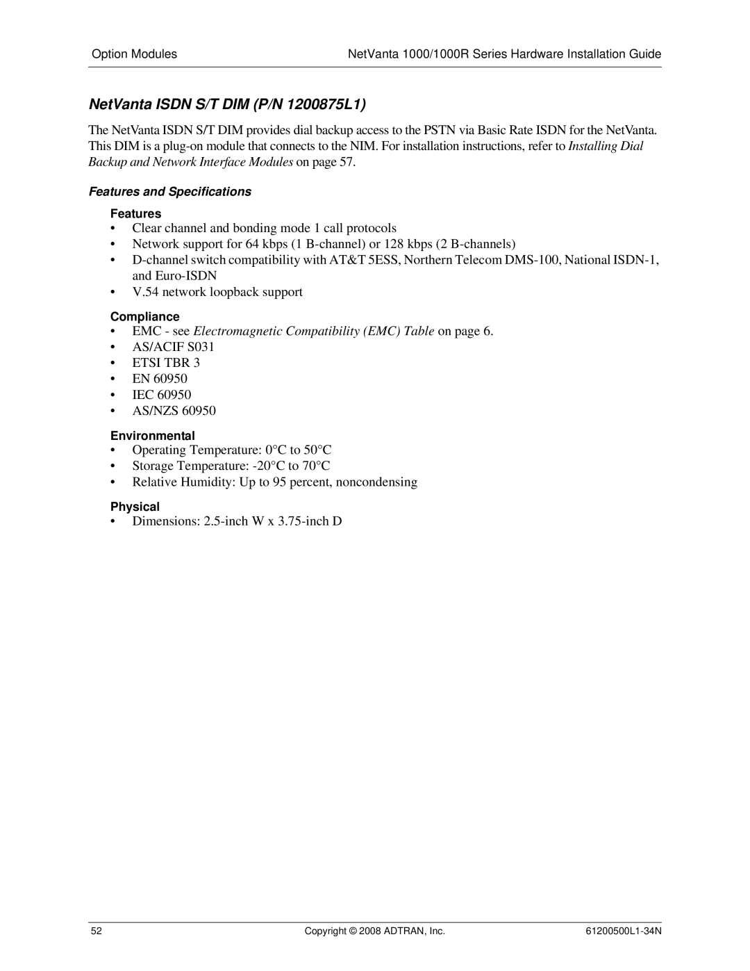 ADTRAN ADT-1234POE manual NetVanta Isdn S/T DIM P/N 1200875L1, Etsi TBR 