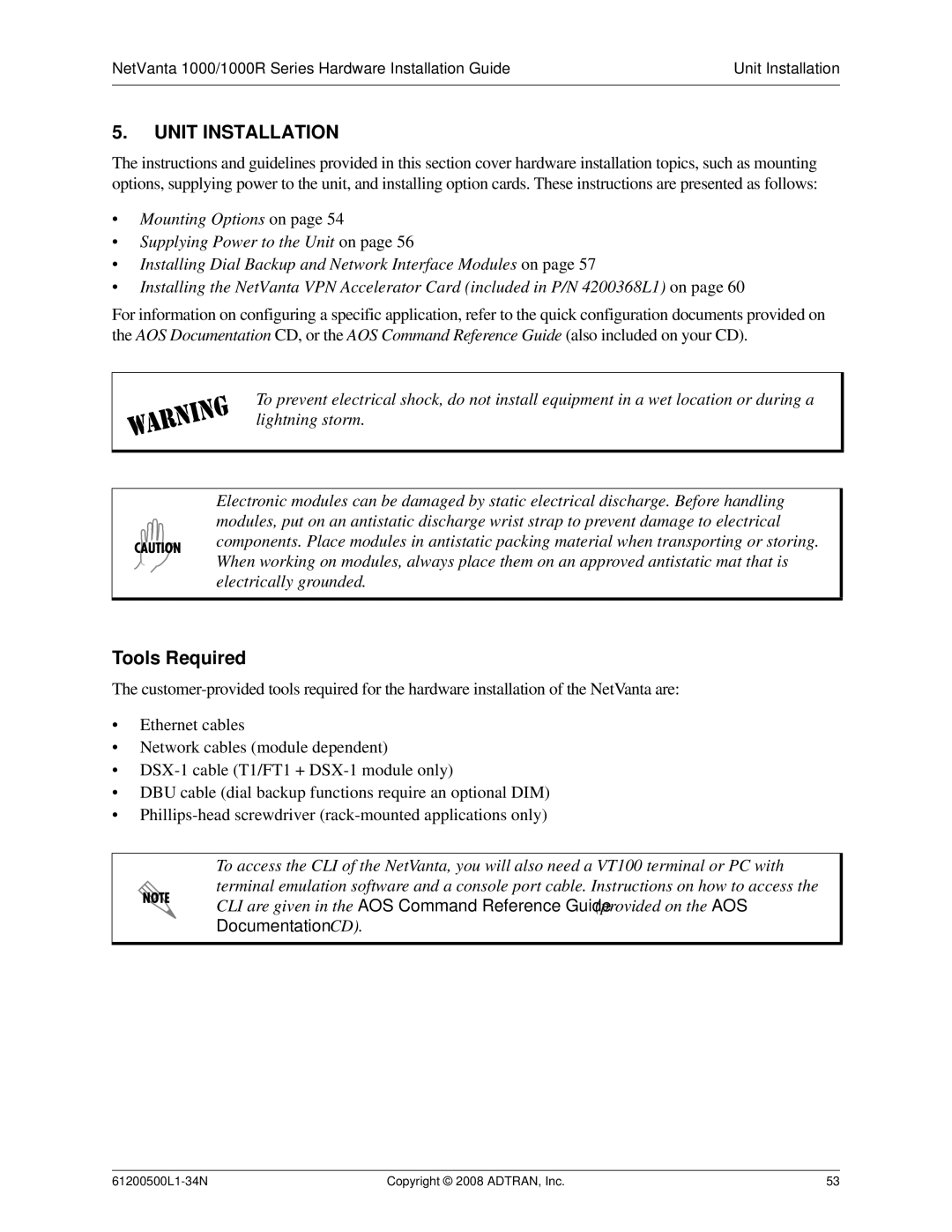 ADTRAN ADT-1234POE manual Unit Installation, Tools Required 