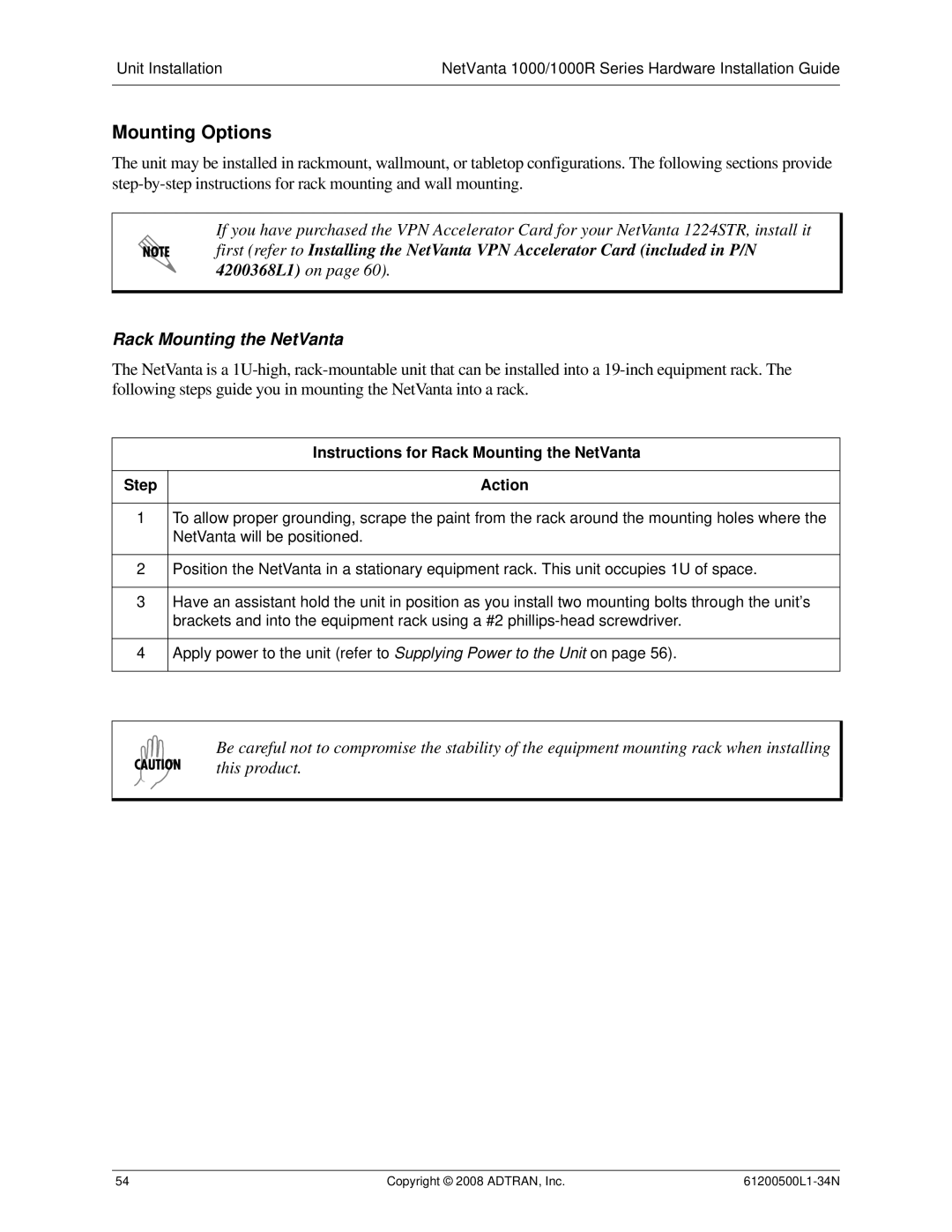 ADTRAN ADT-1234POE manual Mounting Options, Instructions for Rack Mounting the NetVanta Step Action 