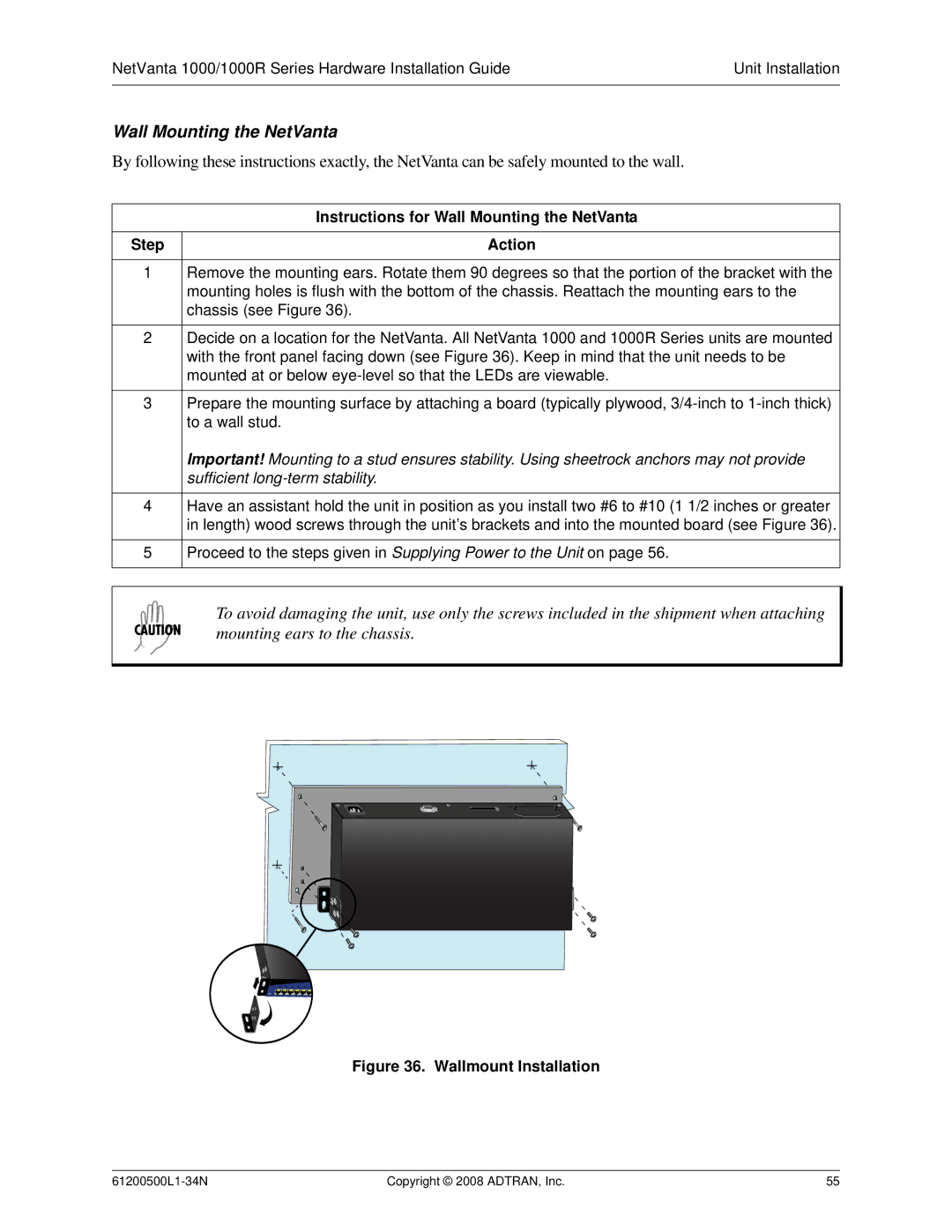 ADTRAN ADT-1234POE manual Instructions for Wall Mounting the NetVanta, Step Action 