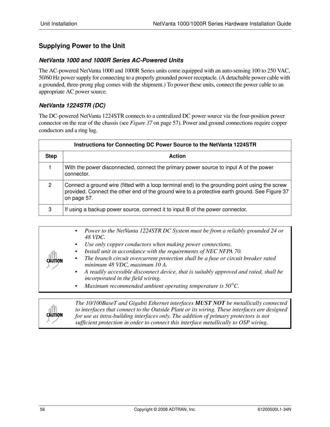 ADTRAN ADT-1234POE manual Supplying Power to the Unit, NetVanta 1000 and 1000R Series AC-Powered Units, NetVanta 1224STR DC 