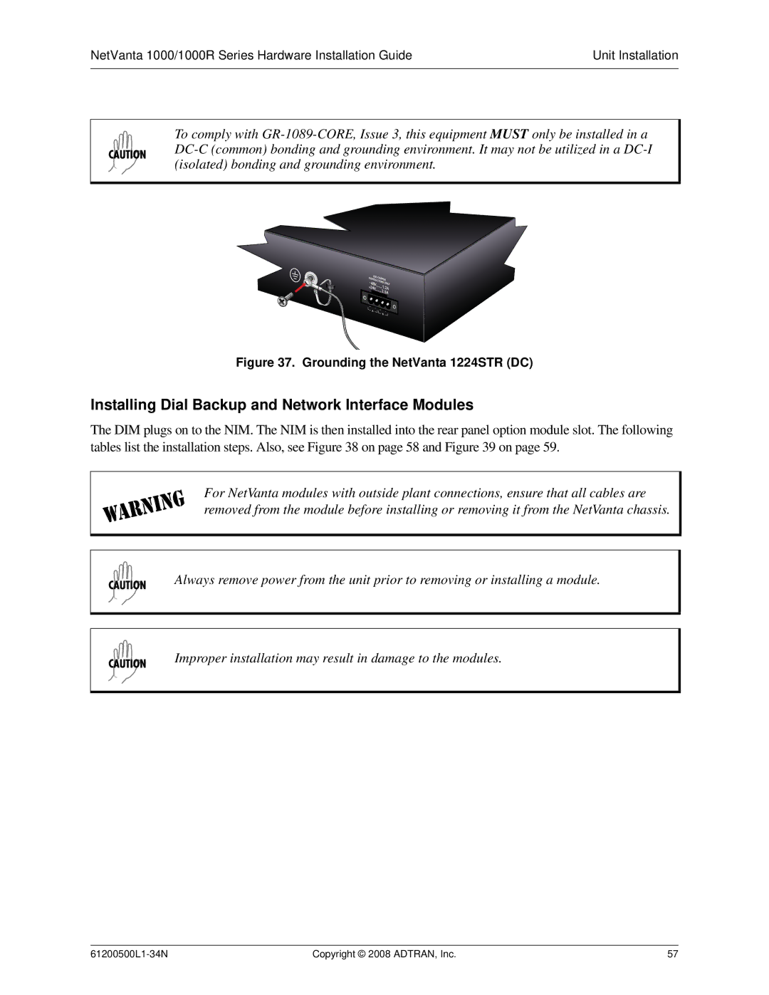 ADTRAN ADT-1234POE manual Installing Dial Backup and Network Interface Modules, Grounding the NetVanta 1224STR DC 