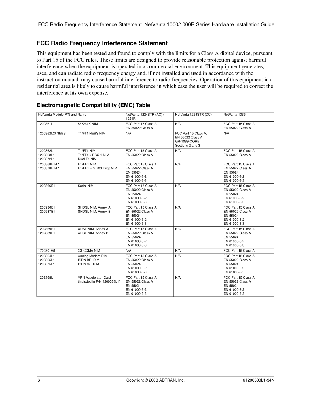 ADTRAN ADT-1234POE manual FCC Radio Frequency Interference Statement, Electromagnetic Compatibility EMC Table 