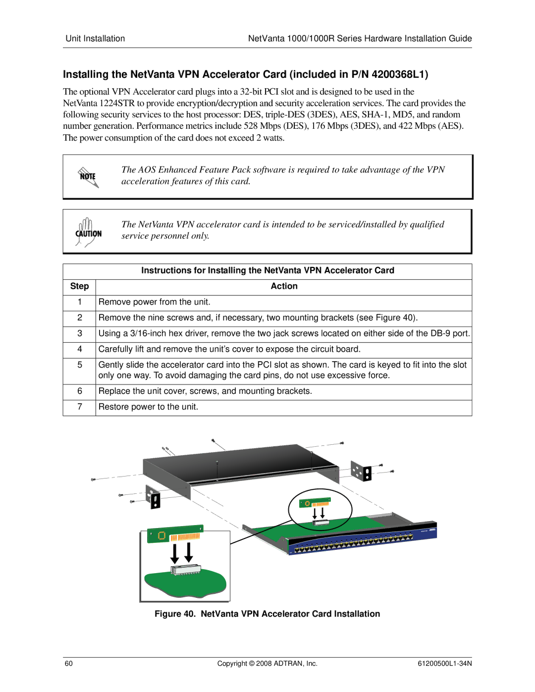 ADTRAN ADT-1234POE manual NetVanta VPN Accelerator Card Installation 