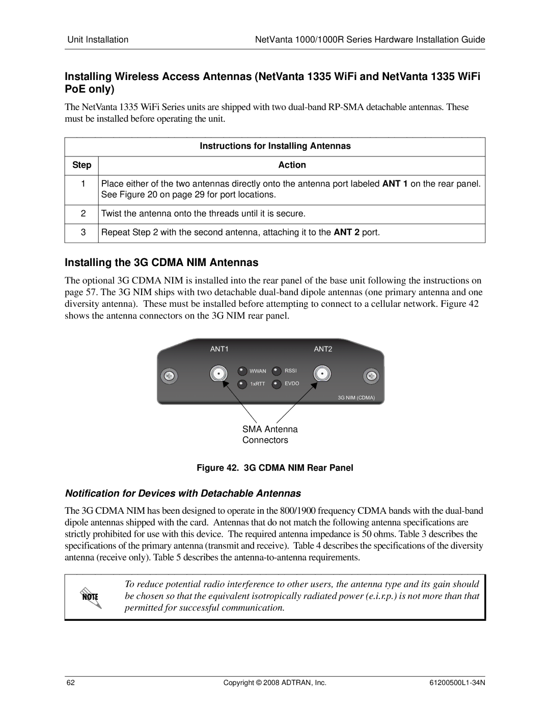 ADTRAN ADT-1234POE manual Installing the 3G Cdma NIM Antennas, Notification for Devices with Detachable Antennas 