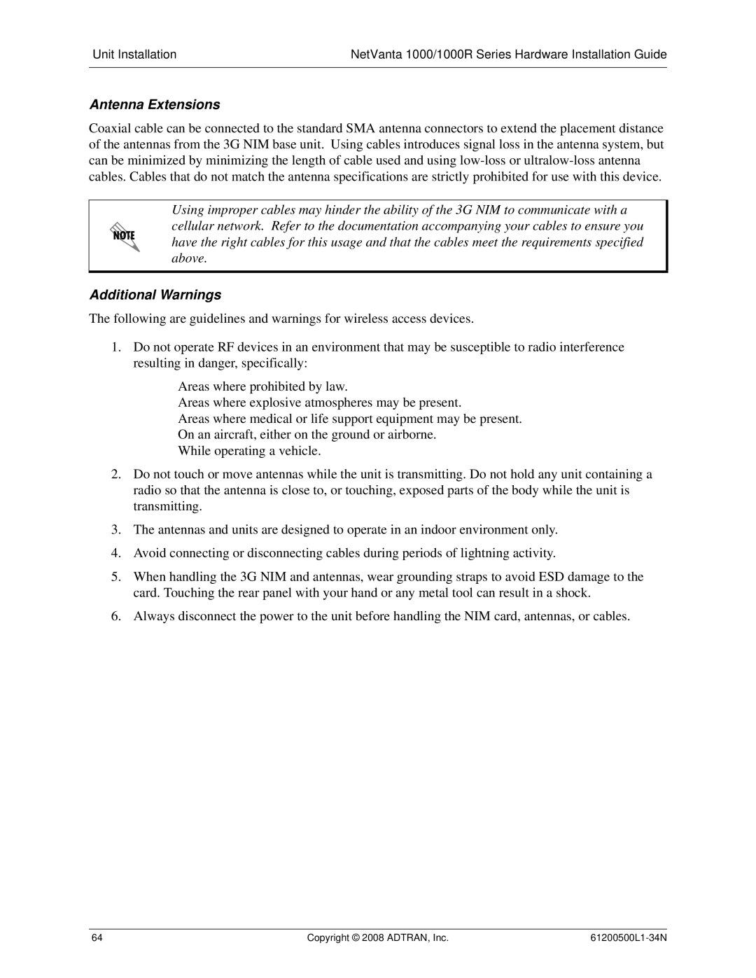 ADTRAN ADT-1234POE manual Antenna Extensions, Additional Warnings 