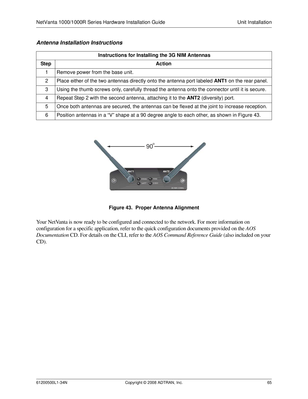 ADTRAN ADT-1234POE manual Antenna Installation Instructions, Instructions for Installing the 3G NIM Antennas 