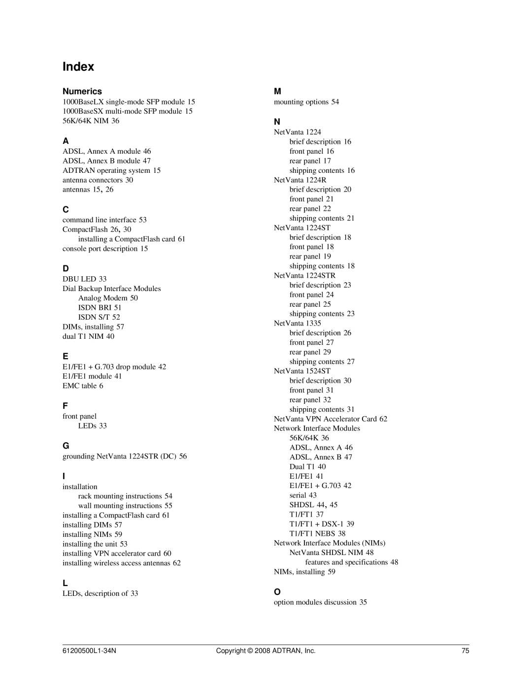 ADTRAN ADT-1234POE manual Index, Numerics 