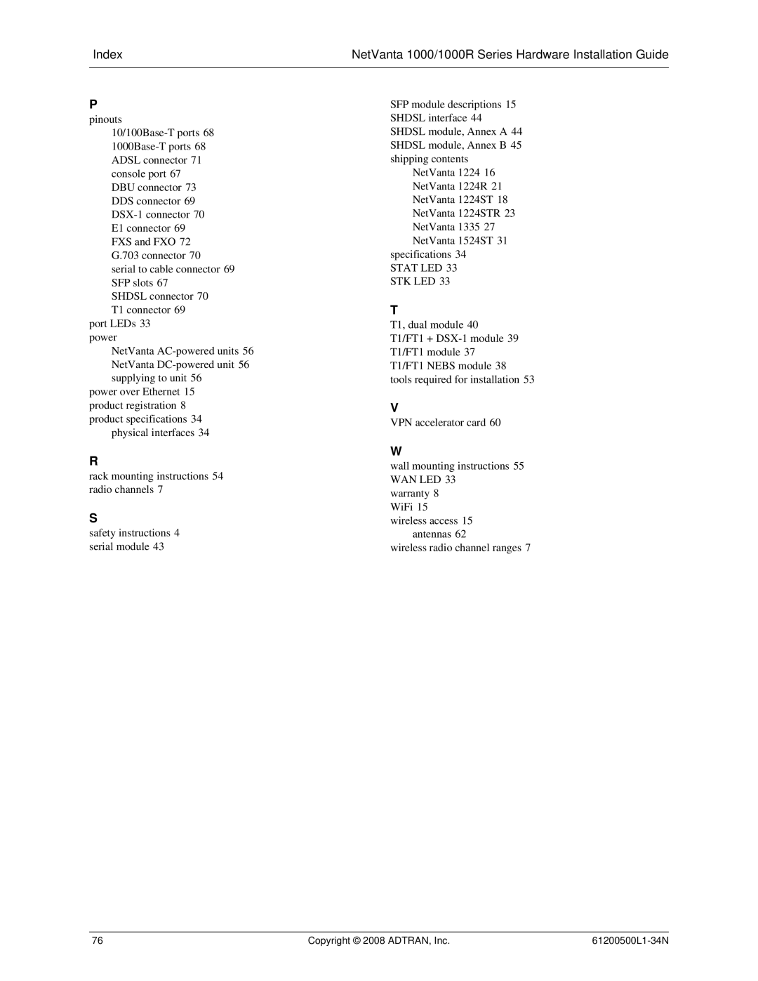 ADTRAN ADT-1234POE manual Index NetVanta 1000/1000R Series Hardware Installation Guide 