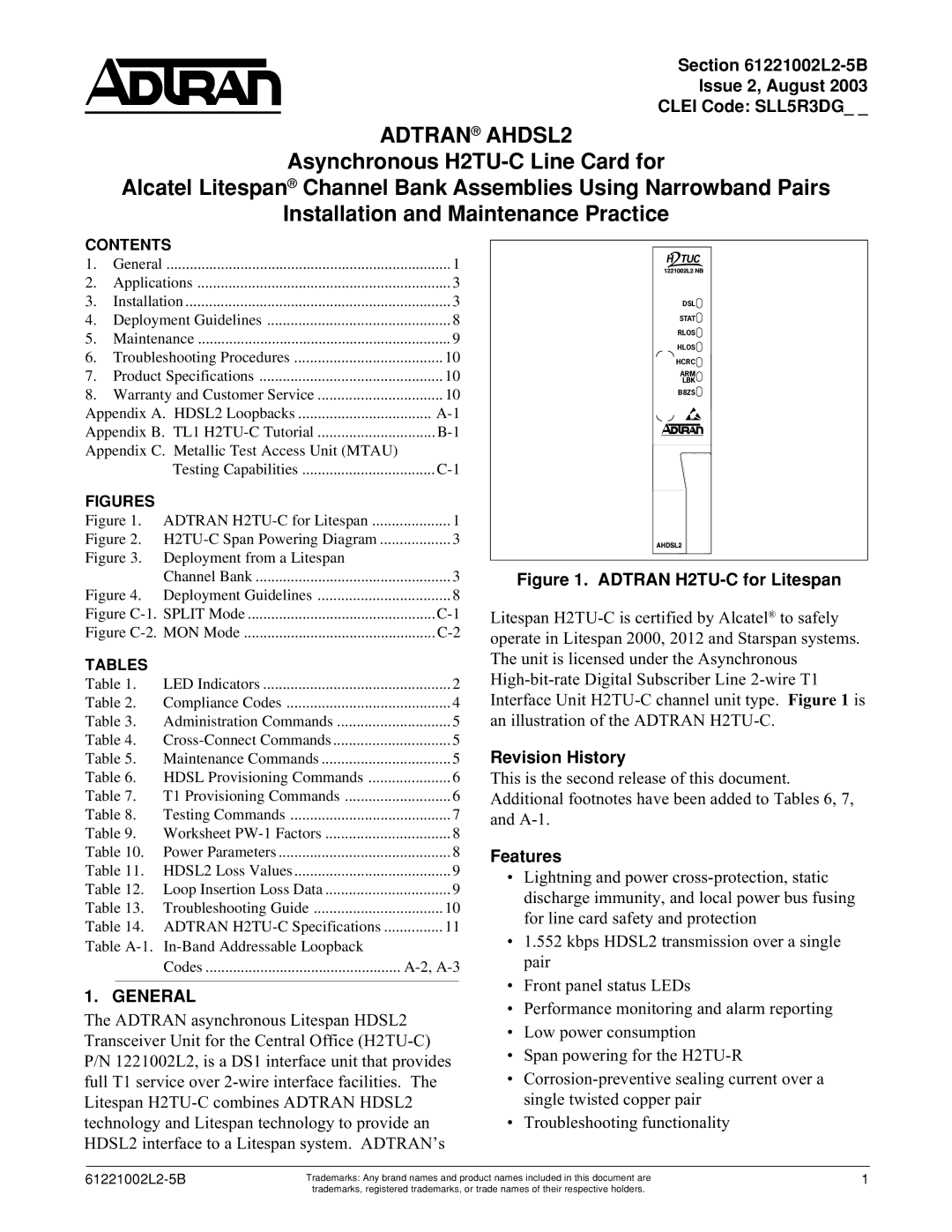 ADTRAN AHDSL2 specifications L2-5B Issue 2, August Clei Code SLL5R3DG, Revision History, Features, General 