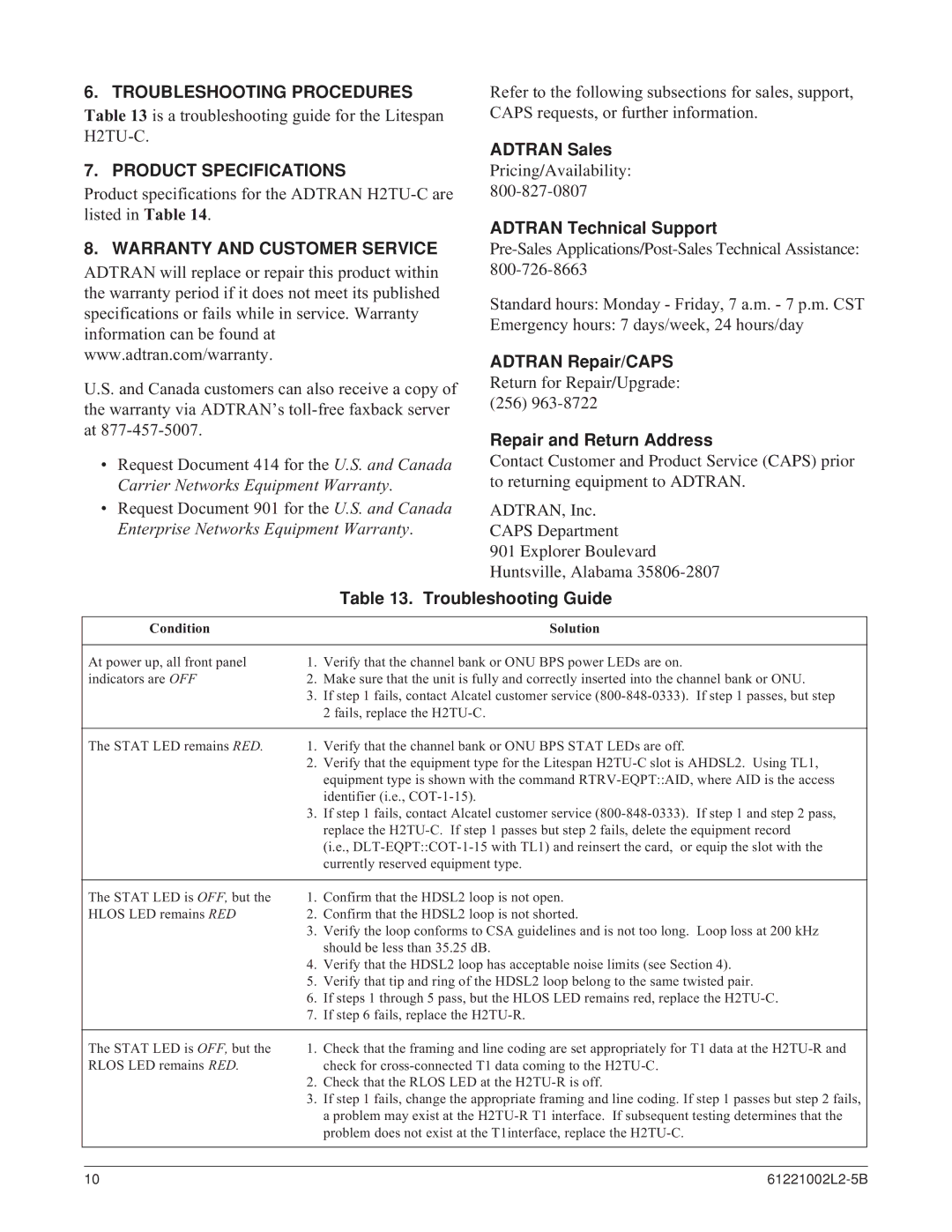 ADTRAN AHDSL2 specifications Troubleshooting Procedures, Product Specifications, Warranty and Customer Service 