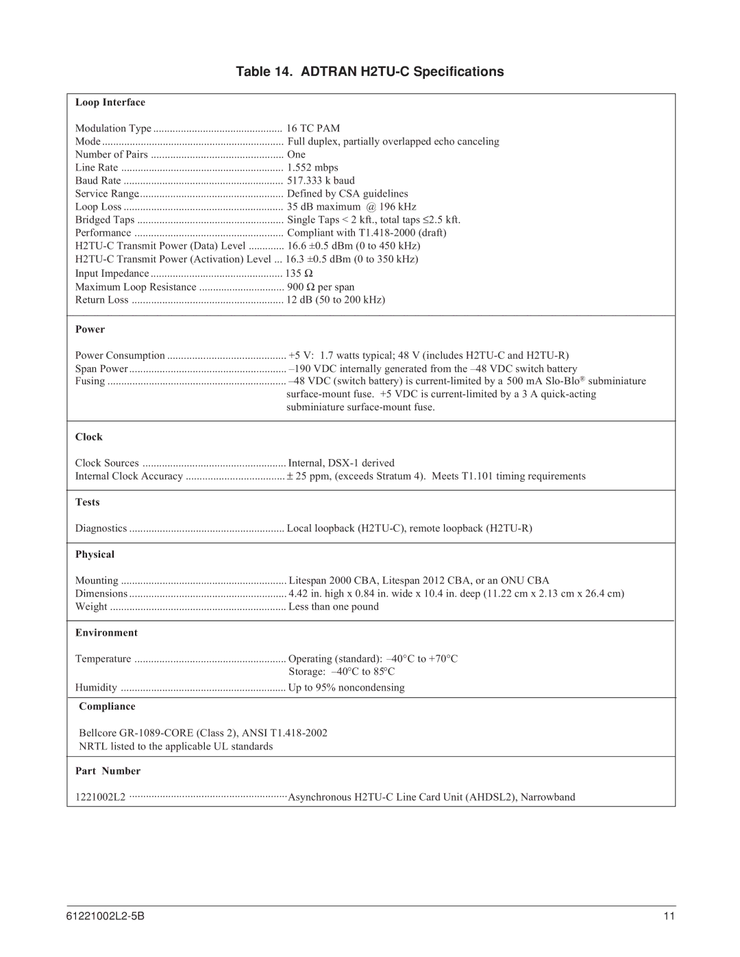 ADTRAN AHDSL2 specifications Adtran H2TU-C Specifications, Loop Interface 