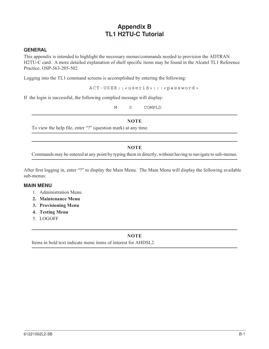 ADTRAN AHDSL2 specifications Main Menu, Maintenance Menu Provisioning Menu Testing Menu 