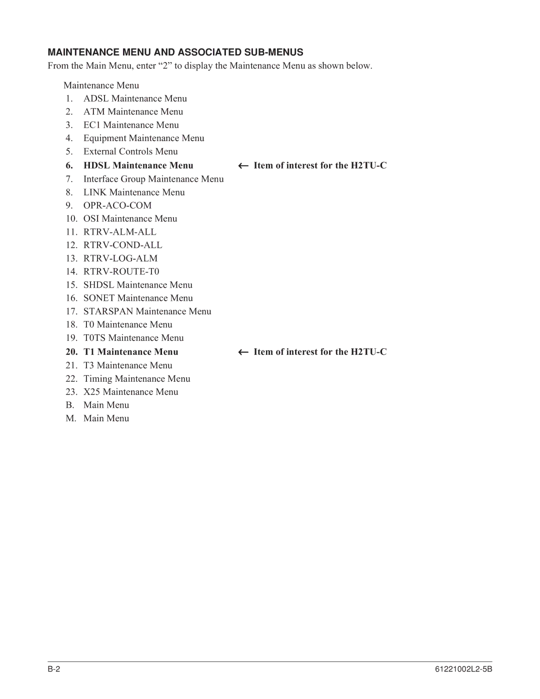 ADTRAN AHDSL2 specifications Maintenance Menu and Associated SUB-MENUS, Hdsl Maintenance Menu, 20. T1 Maintenance Menu 