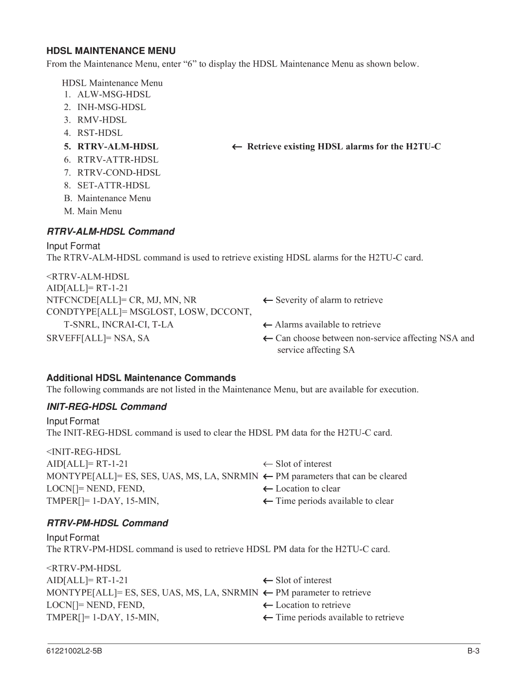 ADTRAN AHDSL2 Hdsl Maintenance Menu, RTRV-ALM-HDSL Command, Additional Hdsl Maintenance Commands, INIT-REG-HDSL Command 