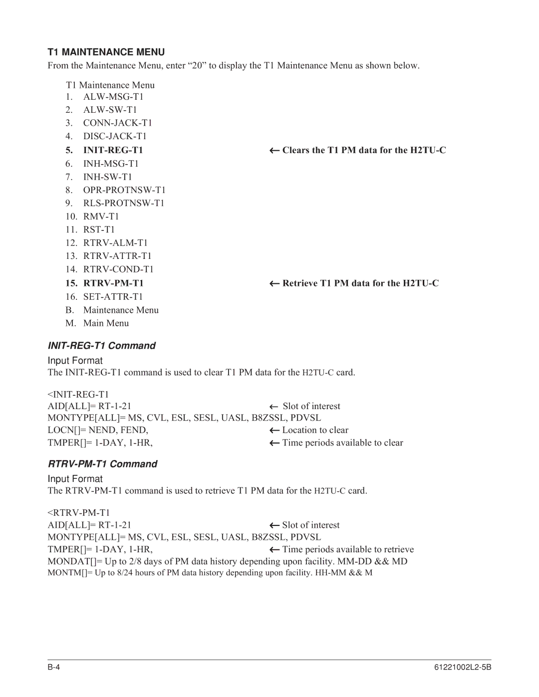 ADTRAN AHDSL2 specifications T1 Maintenance Menu, INIT-REG-T1 Command, RTRV-PM-T1 Command 