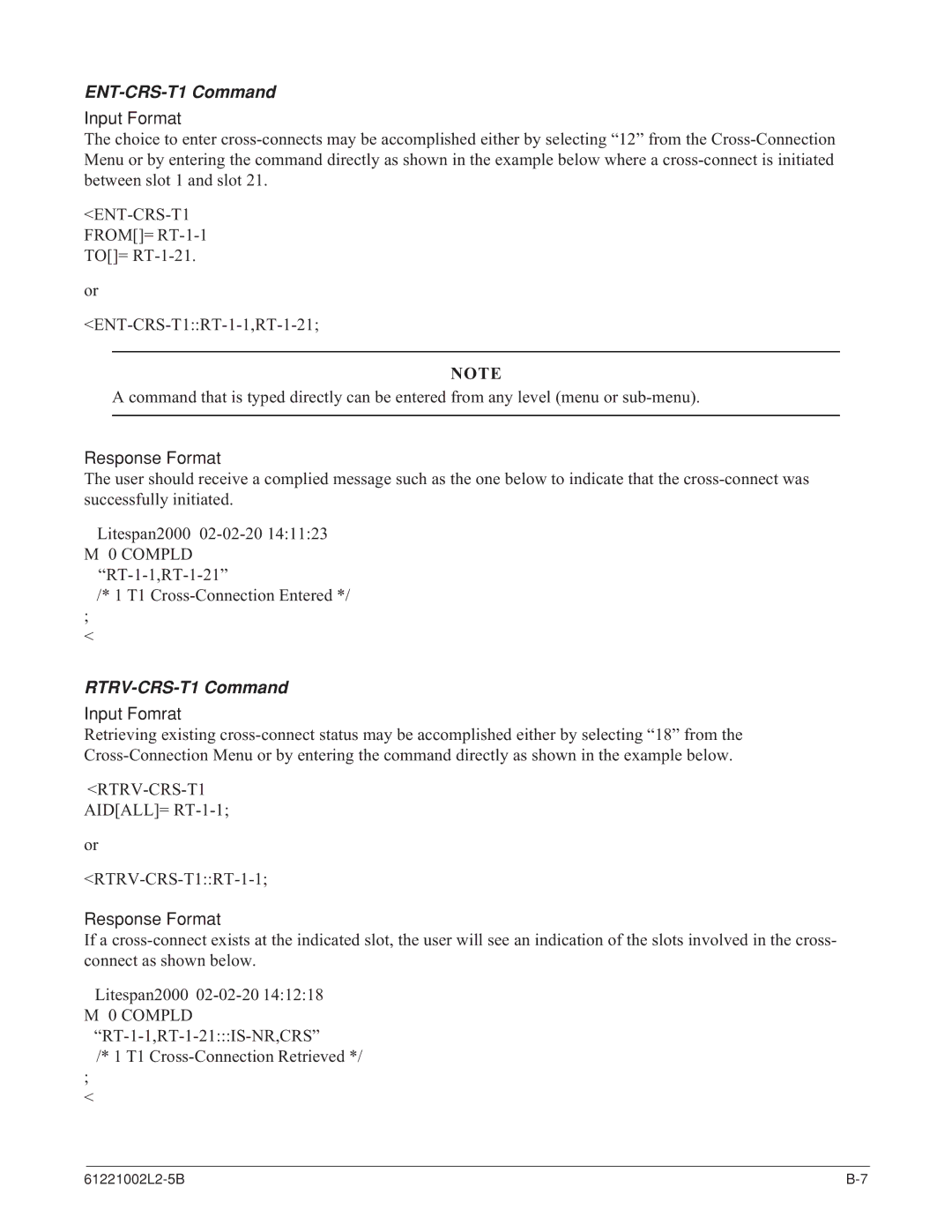 ADTRAN AHDSL2 specifications ENT-CRS-T1 Command, RTRV-CRS-T1 Command 