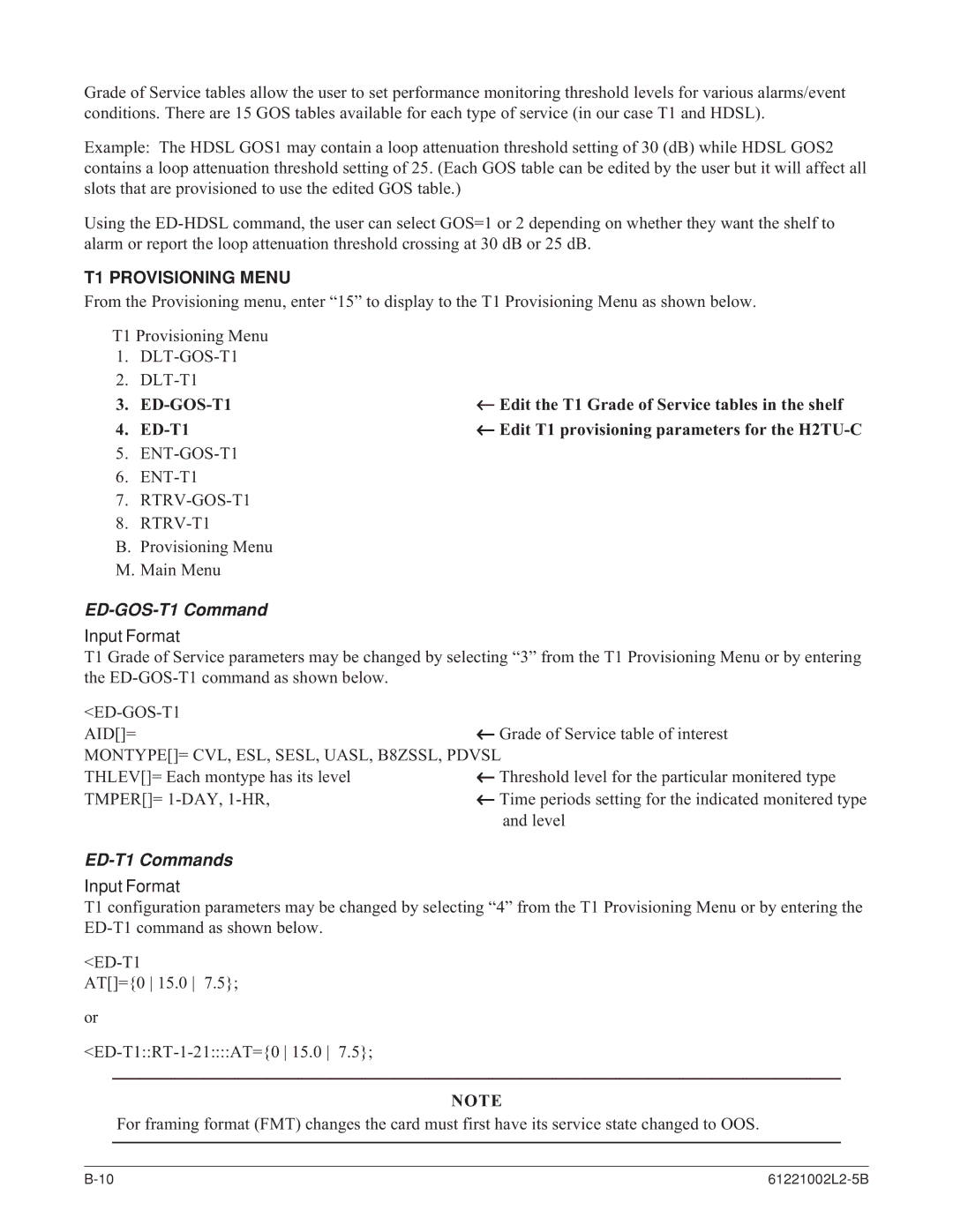 ADTRAN AHDSL2 specifications T1 Provisioning Menu, ED-GOS-T1 Command, ED-T1 Commands 