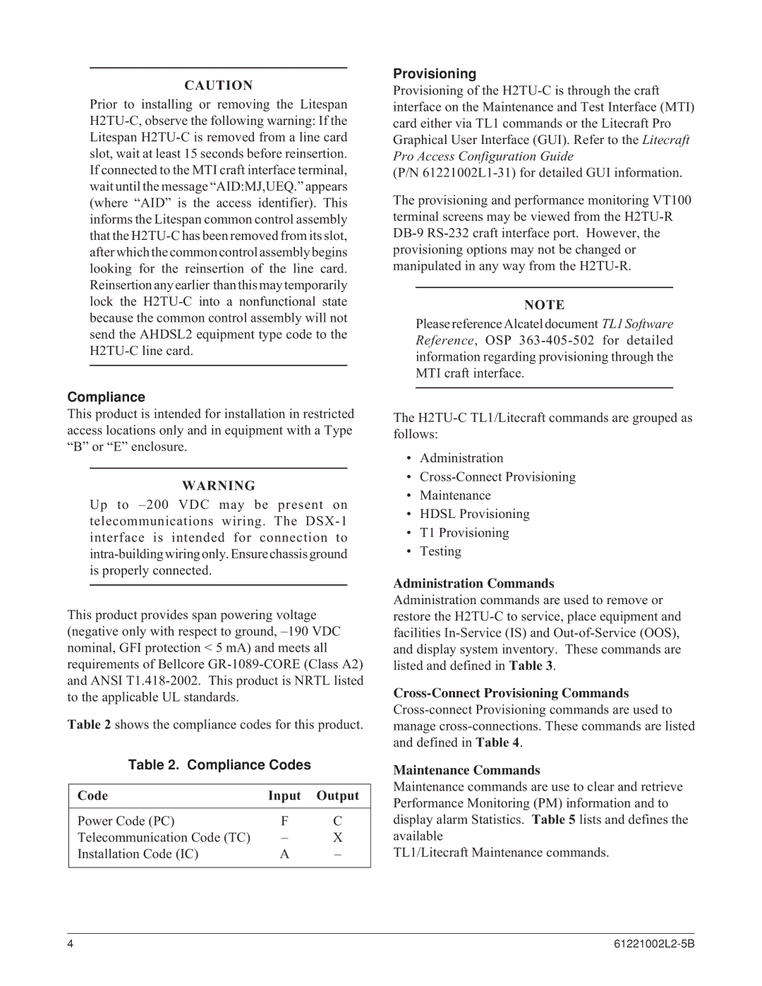 ADTRAN AHDSL2 specifications Compliance Codes, Provisioning 