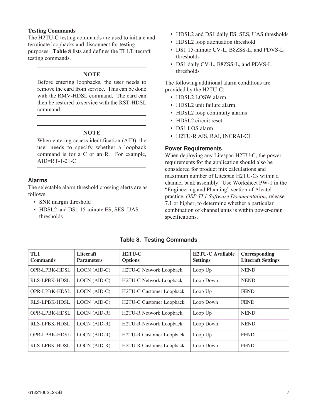 ADTRAN AHDSL2 specifications Testing Commands, Alarms, Power Requirements 