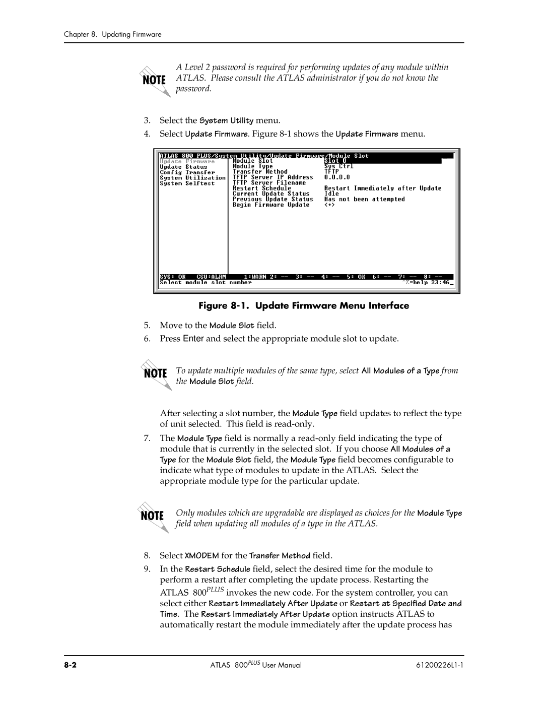 ADTRAN ATLAS 800PLUS user manual Update Firmware Menu Interface, Select Xmodem for the Transfer Method field 