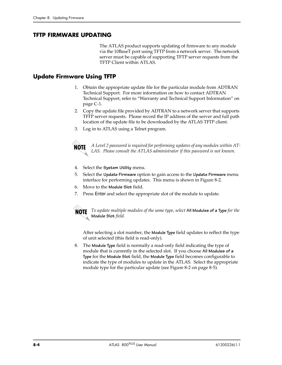 ADTRAN ATLAS 800PLUS user manual Tftp Firmware Updating, Update Firmware Using Tftp, Module Slot field 