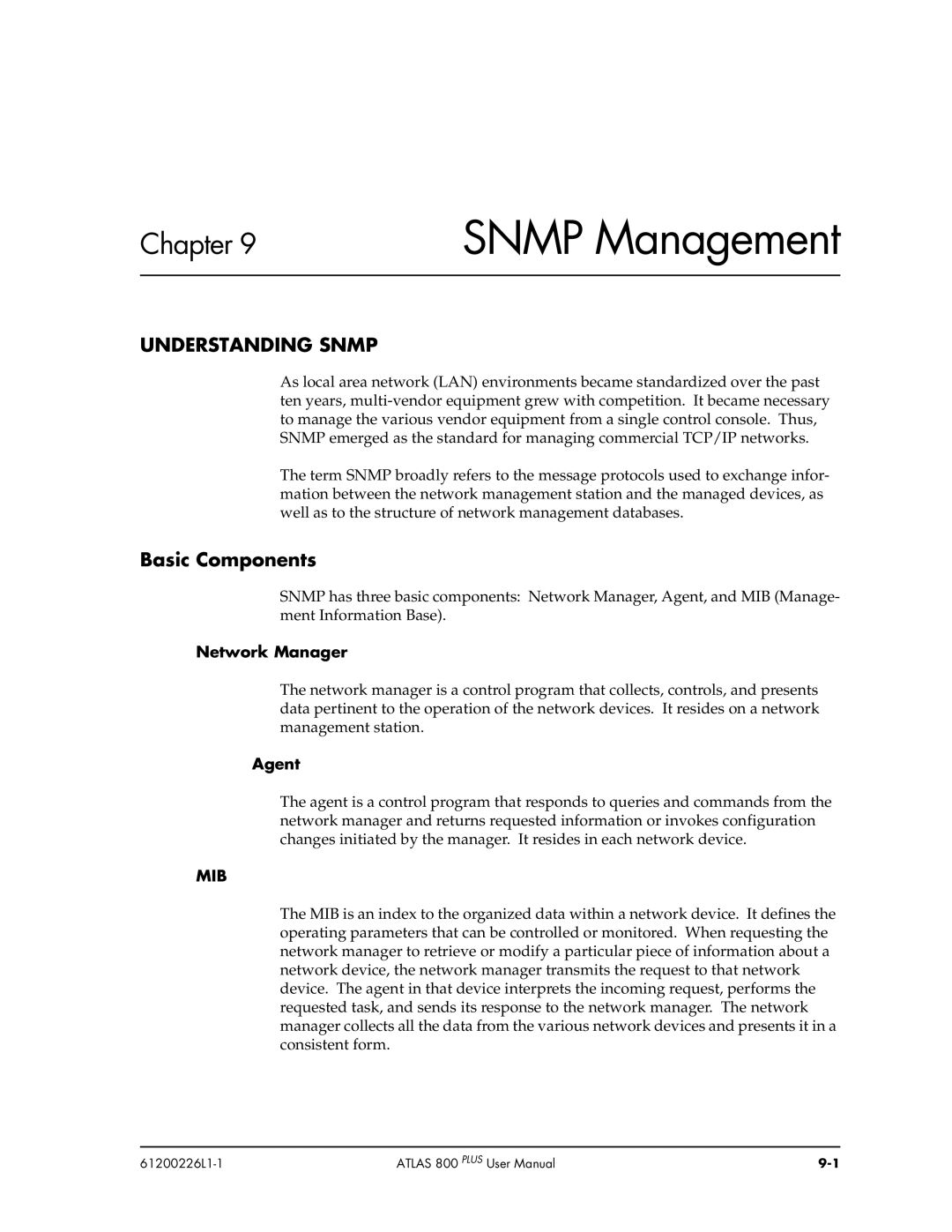 ADTRAN ATLAS 800PLUS user manual Understanding Snmp, Basic Components, Network Manager, Agent 