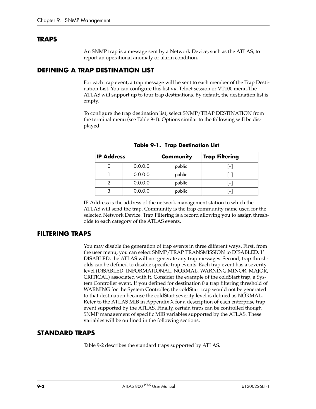 ADTRAN ATLAS 800PLUS user manual Defining a Trap Destination List, Filtering Traps, Standard Traps 