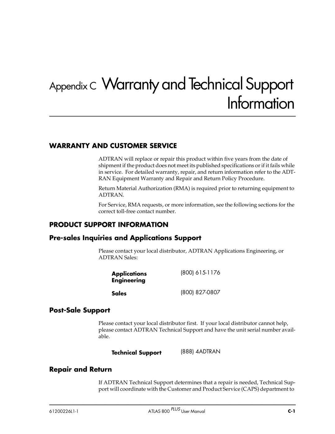 ADTRAN ATLAS 800PLUS Warranty and Customer Service, Product Support Information, Post-Sale Support, Repair and Return 