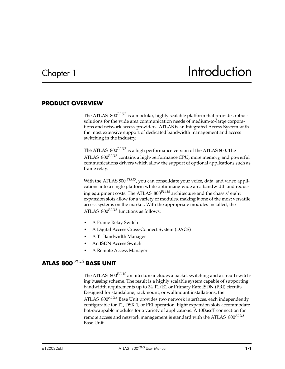 ADTRAN ATLAS 800PLUS user manual Product Overview, Atlas 800 Plus Base Unit 