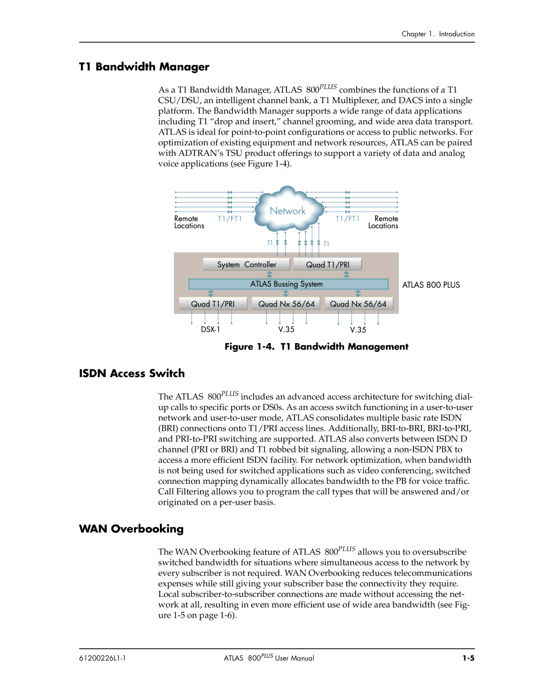 ADTRAN ATLAS 800PLUS user manual T1 Bandwidth Manager, Isdn Access Switch, WAN Overbooking 