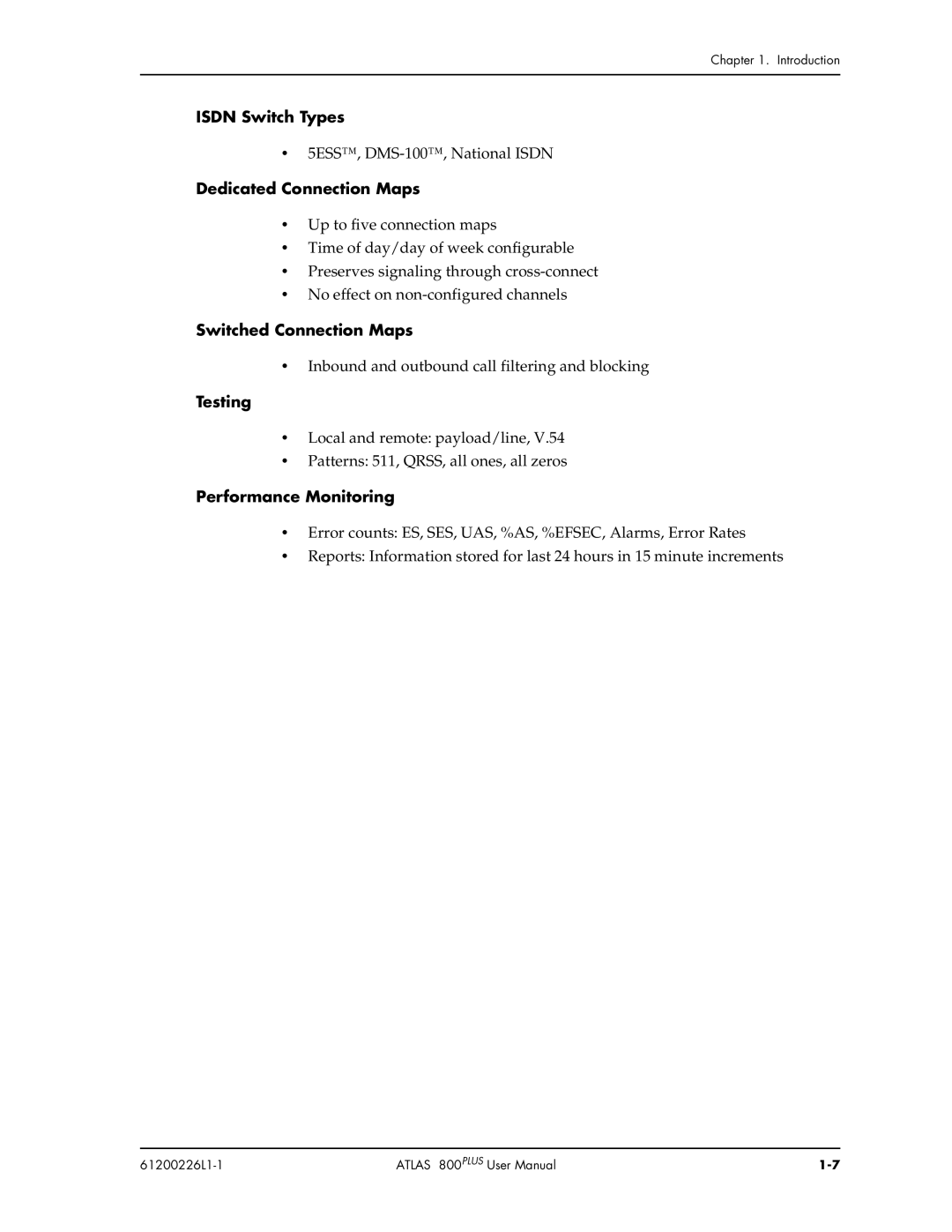 ADTRAN ATLAS 800PLUS user manual Isdn Switch Types, Dedicated Connection Maps, Switched Connection Maps, Testing 