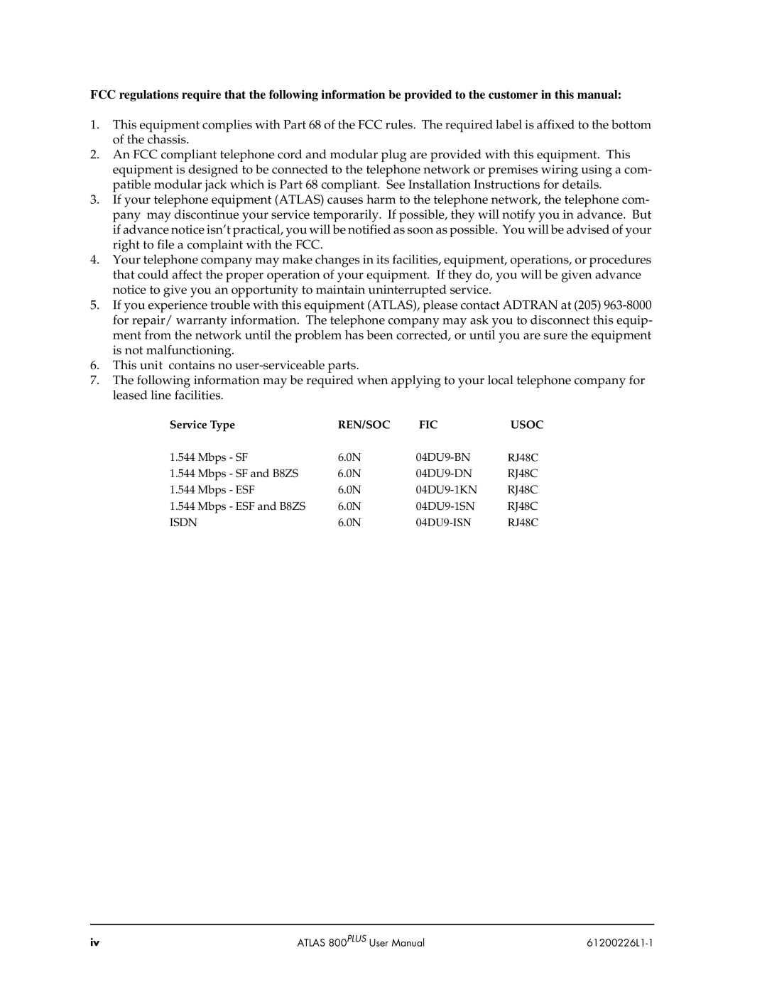 ADTRAN ATLAS 800PLUS user manual REN/SOC FIC Usoc 