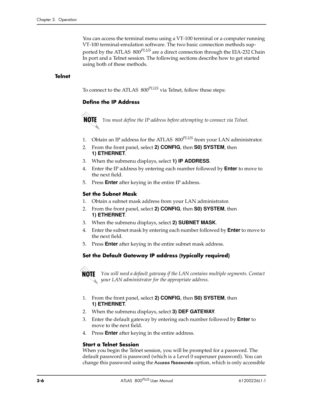 ADTRAN ATLAS 800PLUS user manual Define the IP Address, Set the Subnet Mask, Start a Telnet Session 