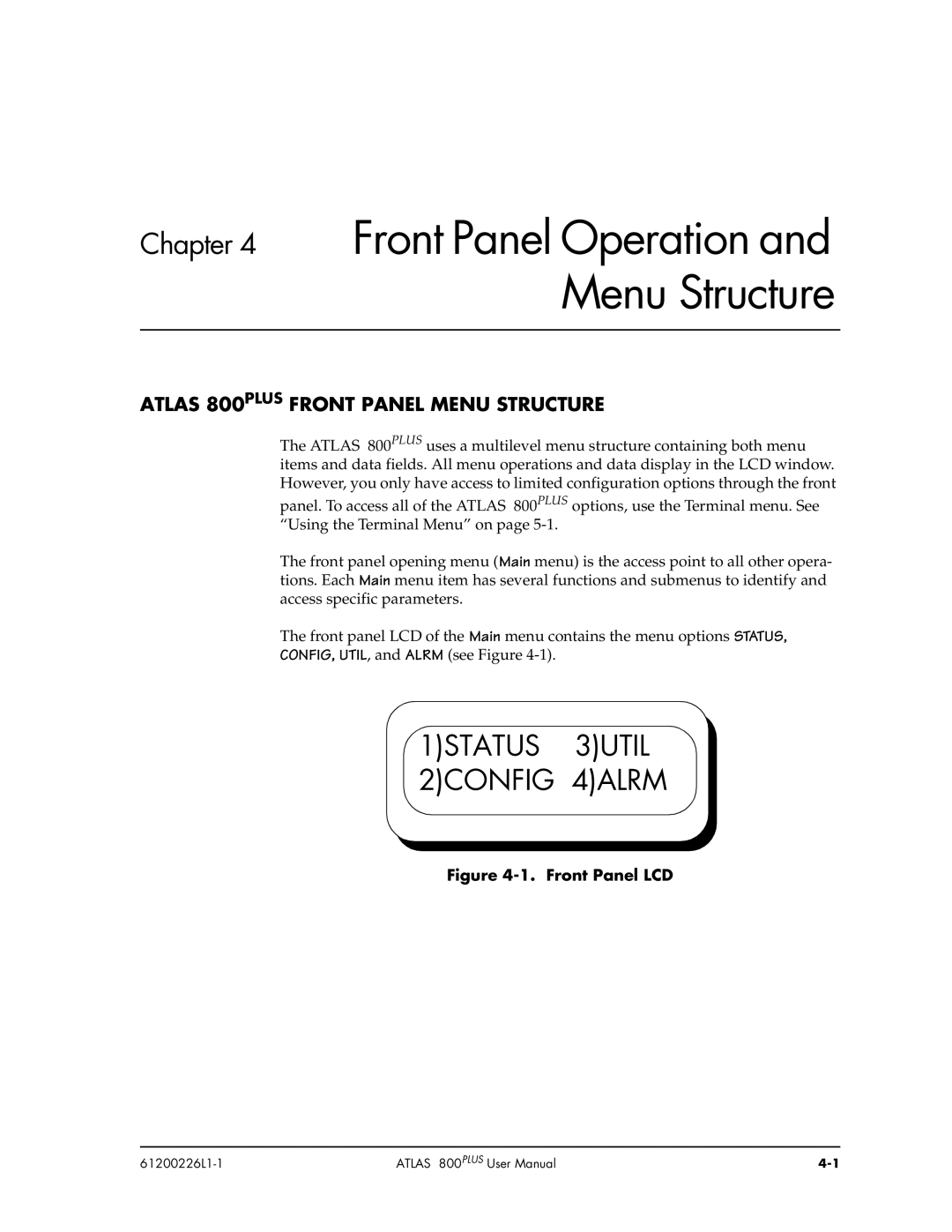 ADTRAN ATLAS 800PLUS user manual Atlas 800PLUS Front Panel Menu Structure, Front Panel LCD 