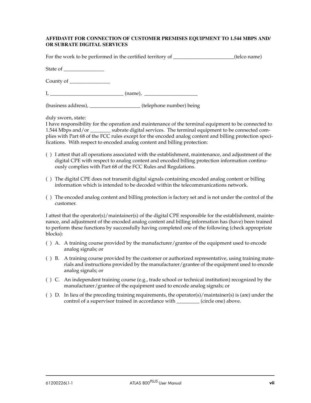 ADTRAN ATLAS 800PLUS user manual Vii 