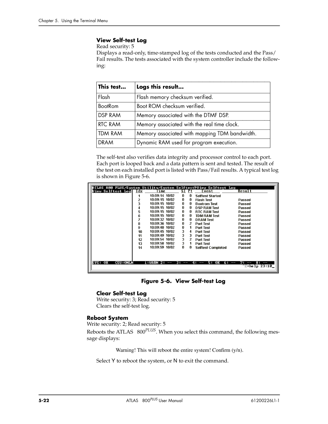 ADTRAN ATLAS 800PLUS user manual This test Logs this result, Tdm Ram, Reboot System 