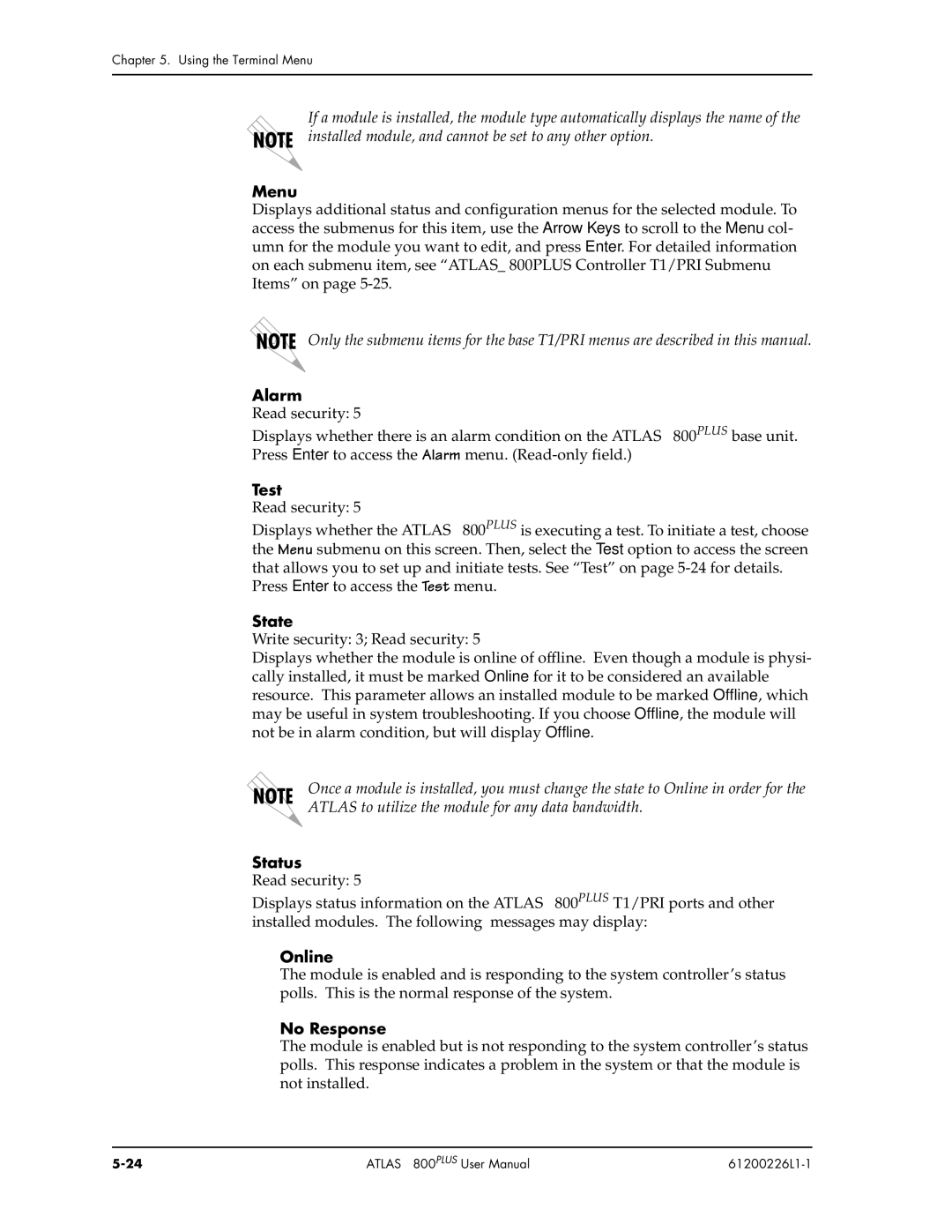 ADTRAN ATLAS 800PLUS user manual Test, State, No Response 