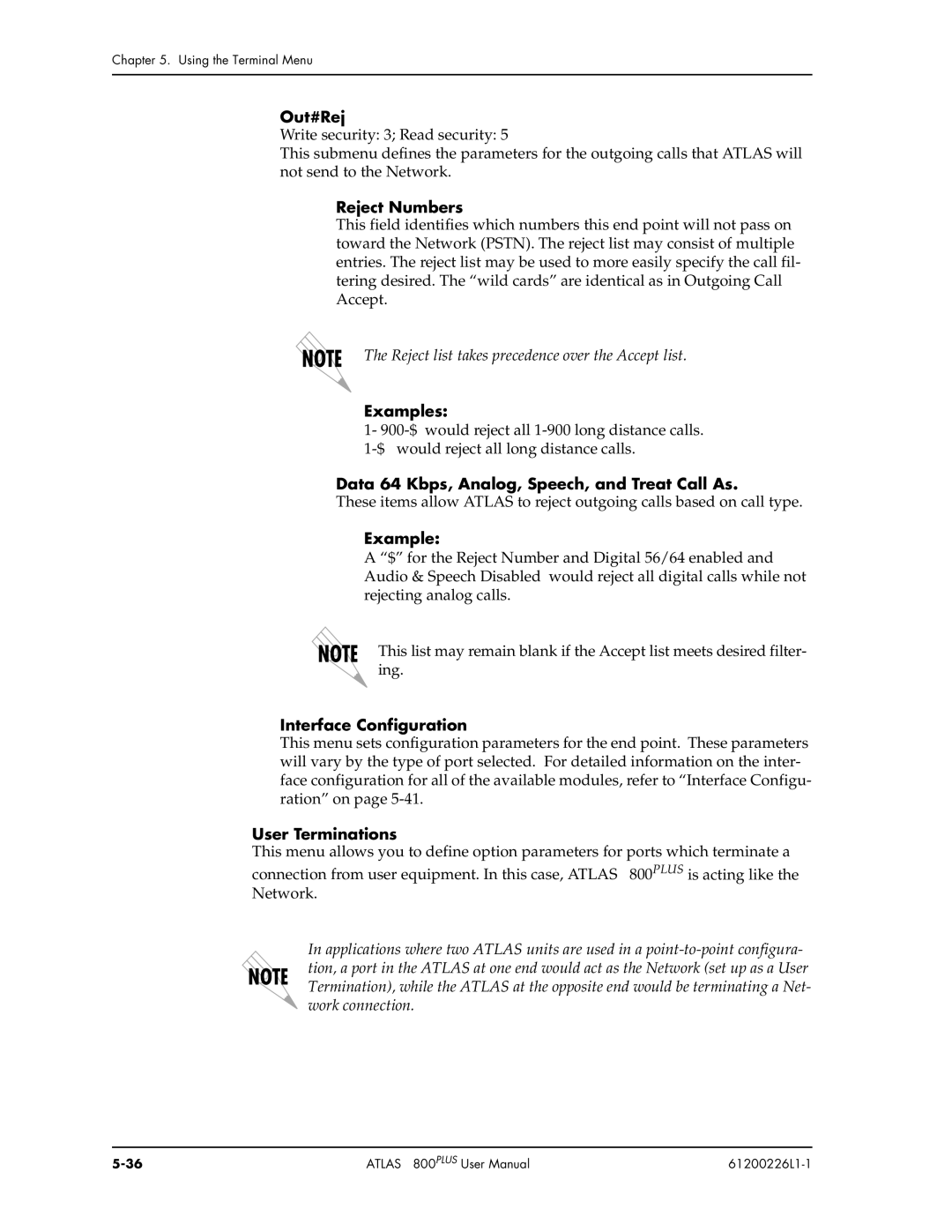 ADTRAN ATLAS 800PLUS user manual Out#Rej, Reject Numbers, Examples, Interface Configuration, User Terminations 