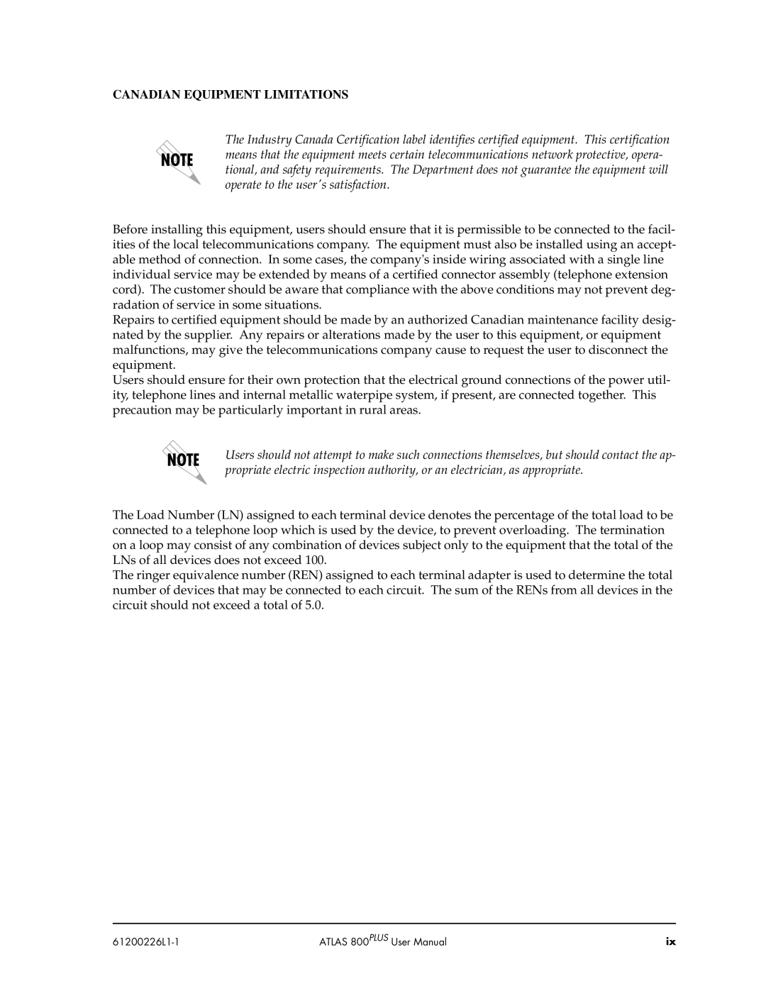 ADTRAN ATLAS 800PLUS user manual Canadian Equipment Limitations 