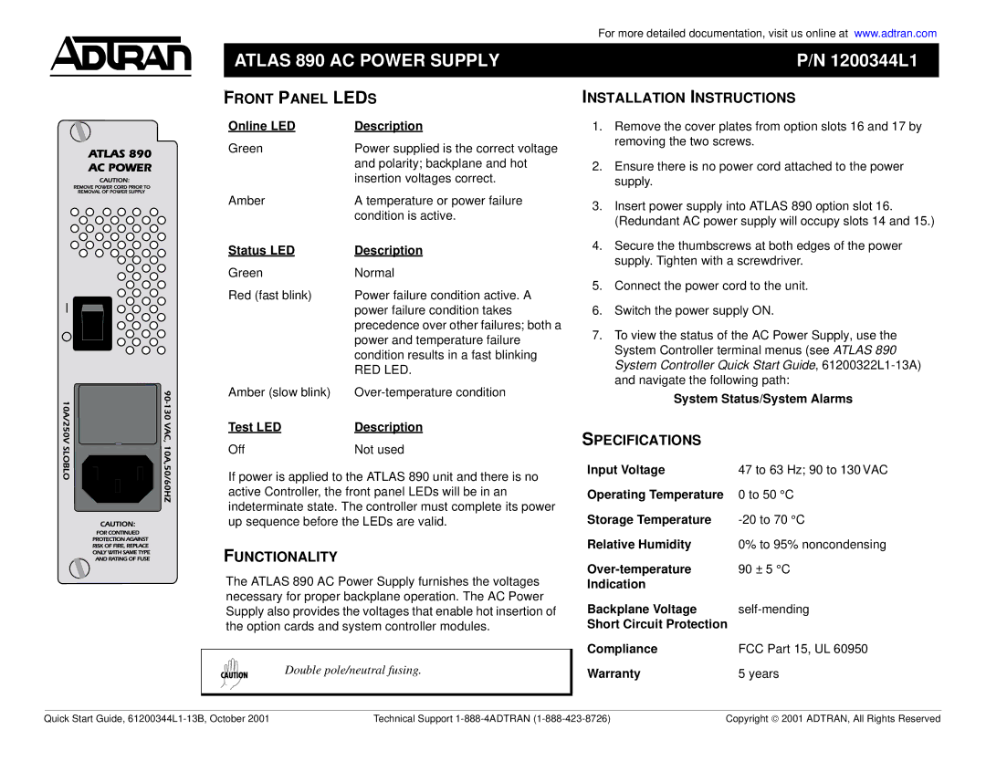 ADTRAN ATLAS 890 quick start Atlas 890 AC Power Supply, Leds 