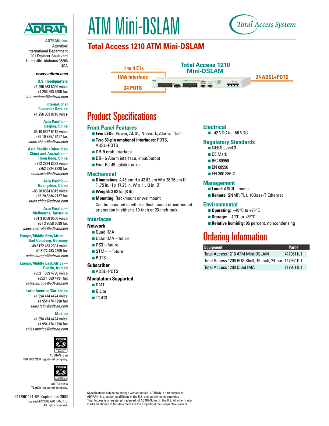 ADTRAN ATM Mini-DSLAM specifications Product Specifications, Ordering Information 