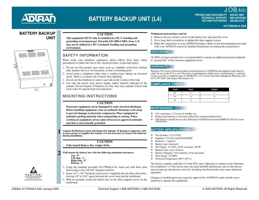 ADTRAN Battery Backup Unit (L4) warranty Safety Information, Mounting Instructions 