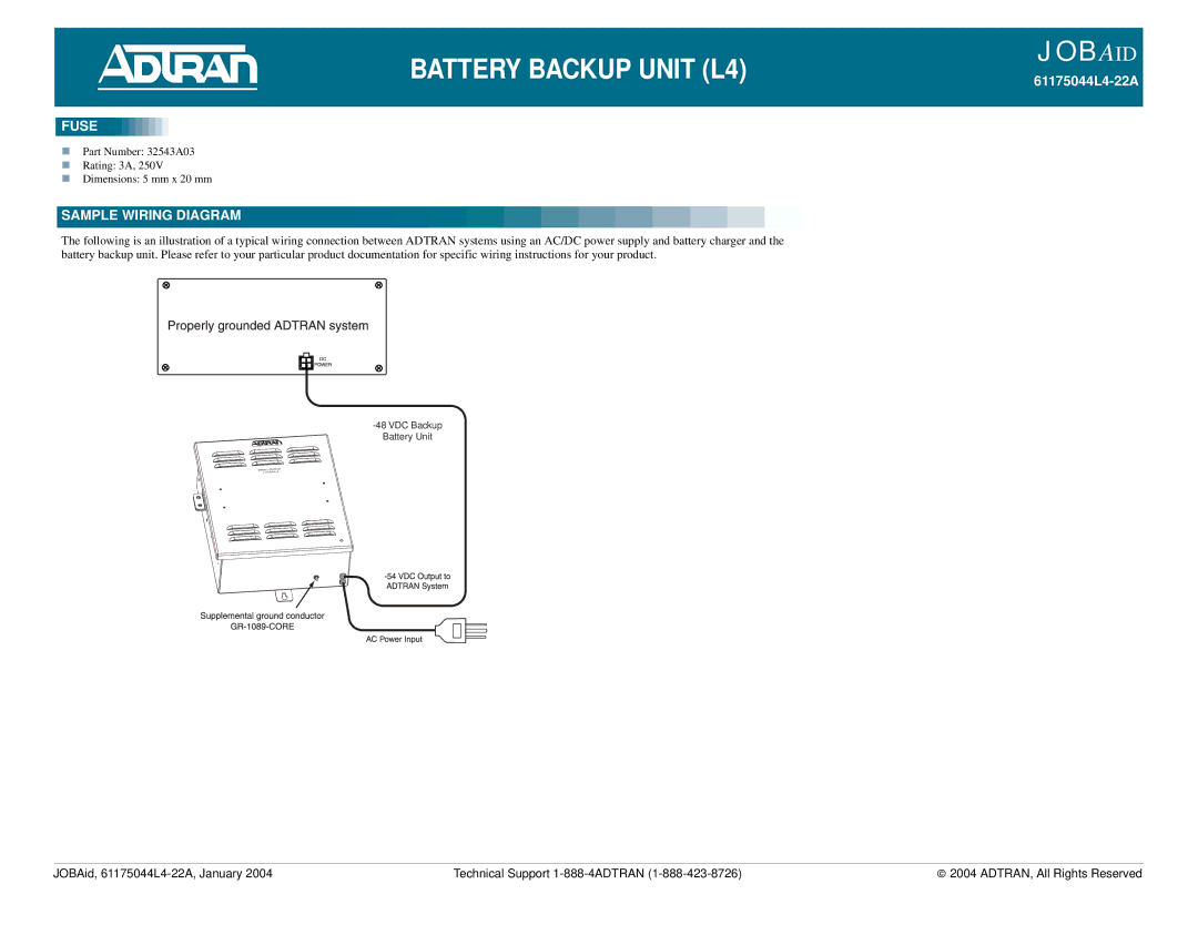 ADTRAN Battery Backup Unit (L4) warranty Fuse, Sample Wiring Diagram 