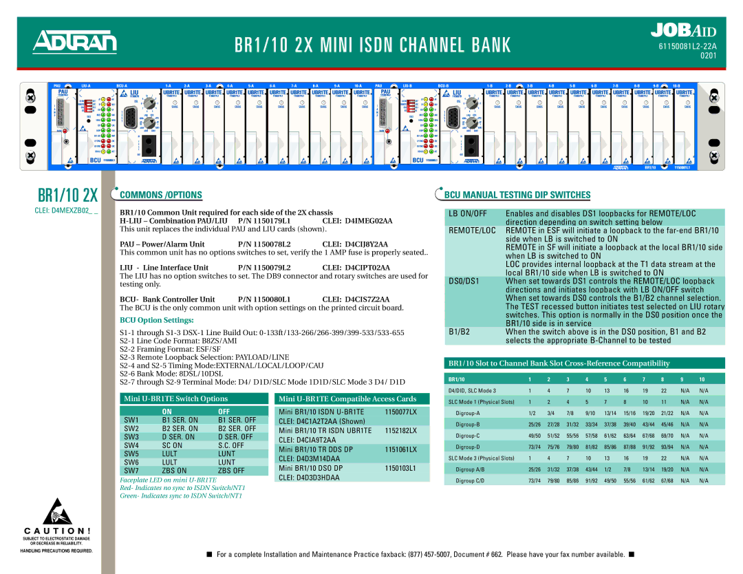 ADTRAN BR10 manual Commons /OPTIONS, BCU Manual Testing DIP Switches 