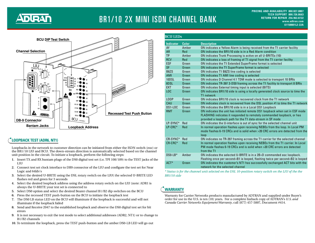 ADTRAN BR10 manual Loopback Test ADR6, NT1, Warranty 