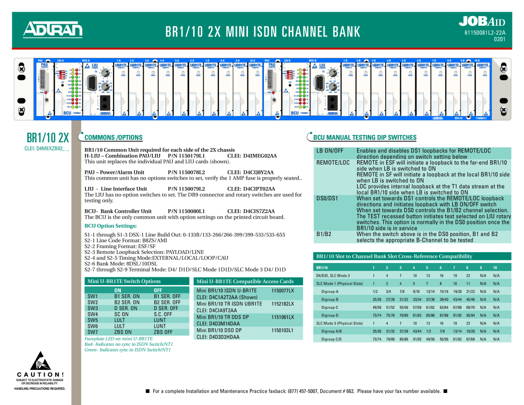 ADTRAN BR10 manual Commons /Options, Bcu Manual Testing Dip Switches, C A U T I O N, BR1/10 2X MINI ISDN CHANNEL BANK 