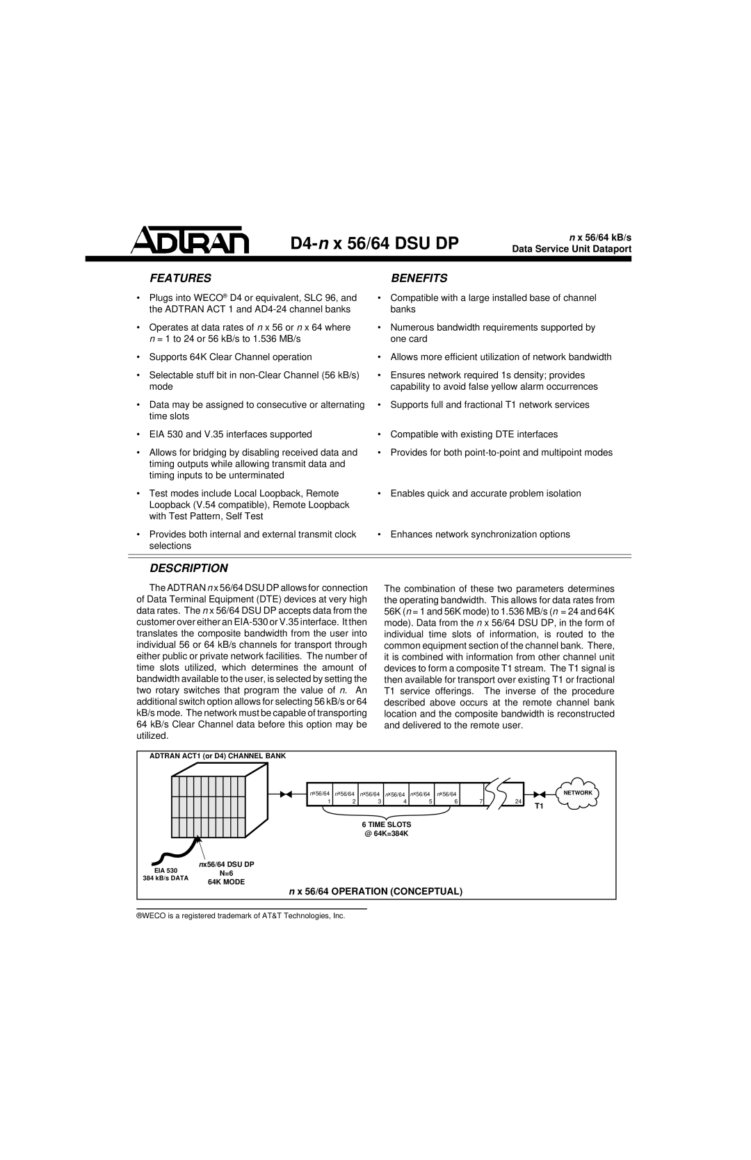 ADTRAN D4-n x 56 DSU DP, D4-n x 64 DSU DP manual Featuresbenefits, Description 