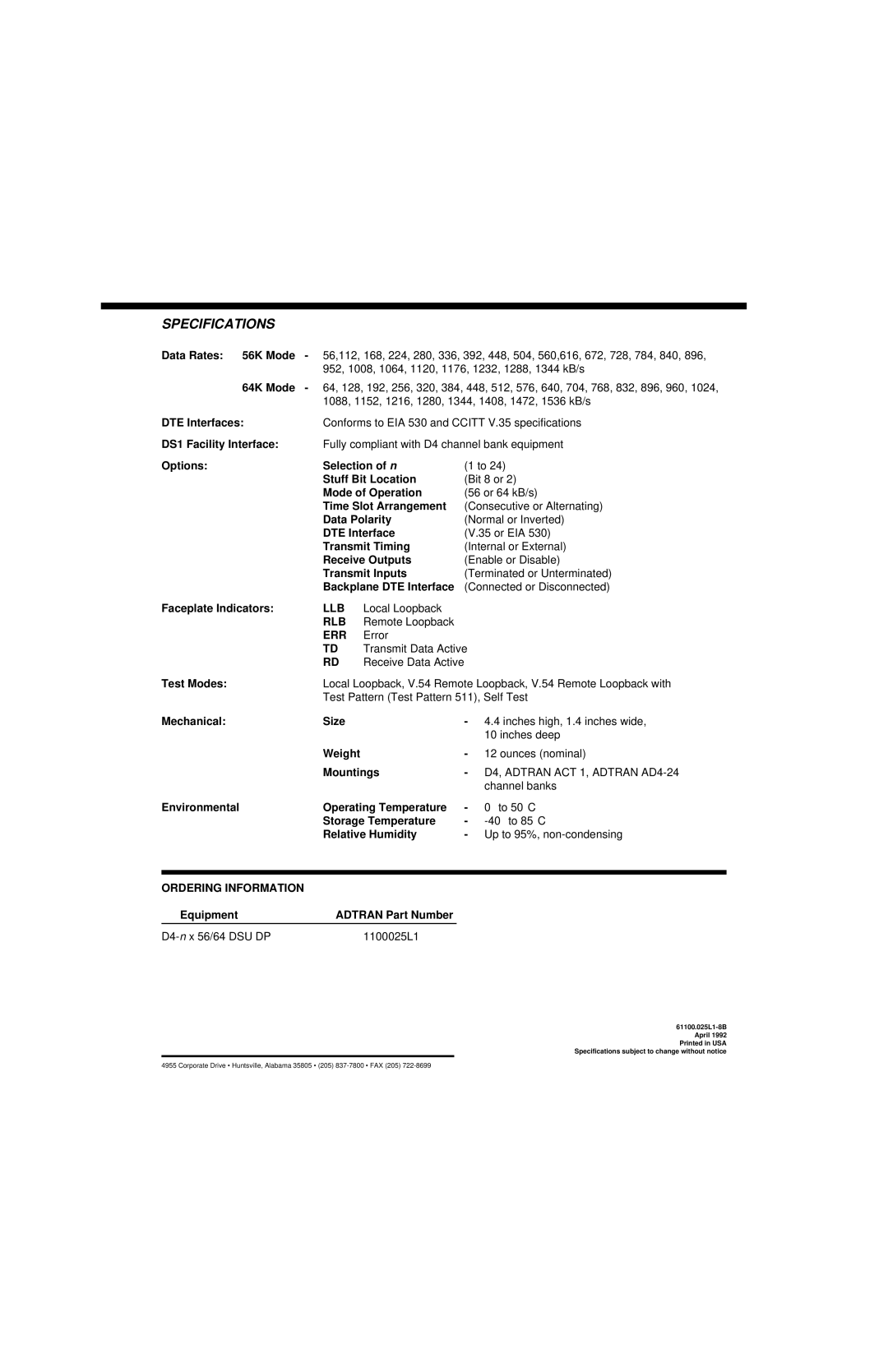 ADTRAN D4-n x 56 DSU DP, D4-n x 64 DSU DP manual Specifications, Err 